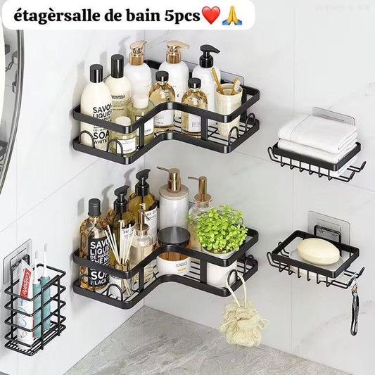 13.000F Etagère Douche, 5 PCS Etagère Salle de Bain Sans Percage, Rangement Douche, Support de gel Shampoing, Noir (Avec porte-savon et porte-brosse à dents)
