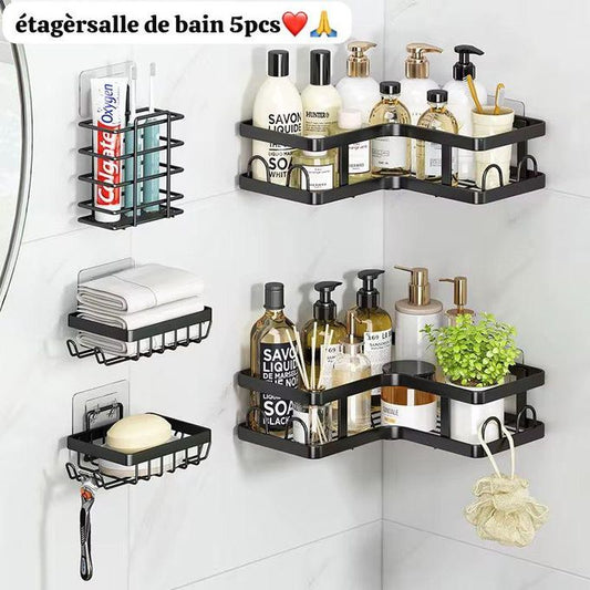 13.000F  Etagère Douche, 5 PCS Etagère Salle de Bain Sans Percage, Rangement Douche, Support de gel Shampoing, Noir (Avec porte-savon et porte-brosse à dents)