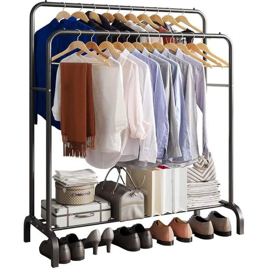15.000F Penderie pour habits, chaussures, sacs, Porte-vêtements à Double pôle, porte-manteau au sol, Rail à vêtements pliant d'intérieur,4 crochets grand modele781963244