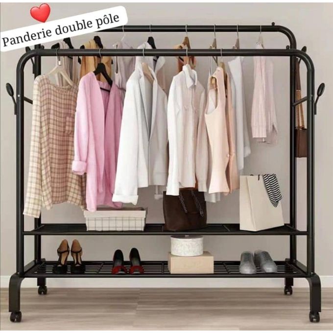 15.000F Penderie pour habits, chaussures, sacs, Porte-vêtements à Double pôle, porte-manteau au sol, Rail à vêtements pliant d'intérieur,4 crochets grand modele781963244